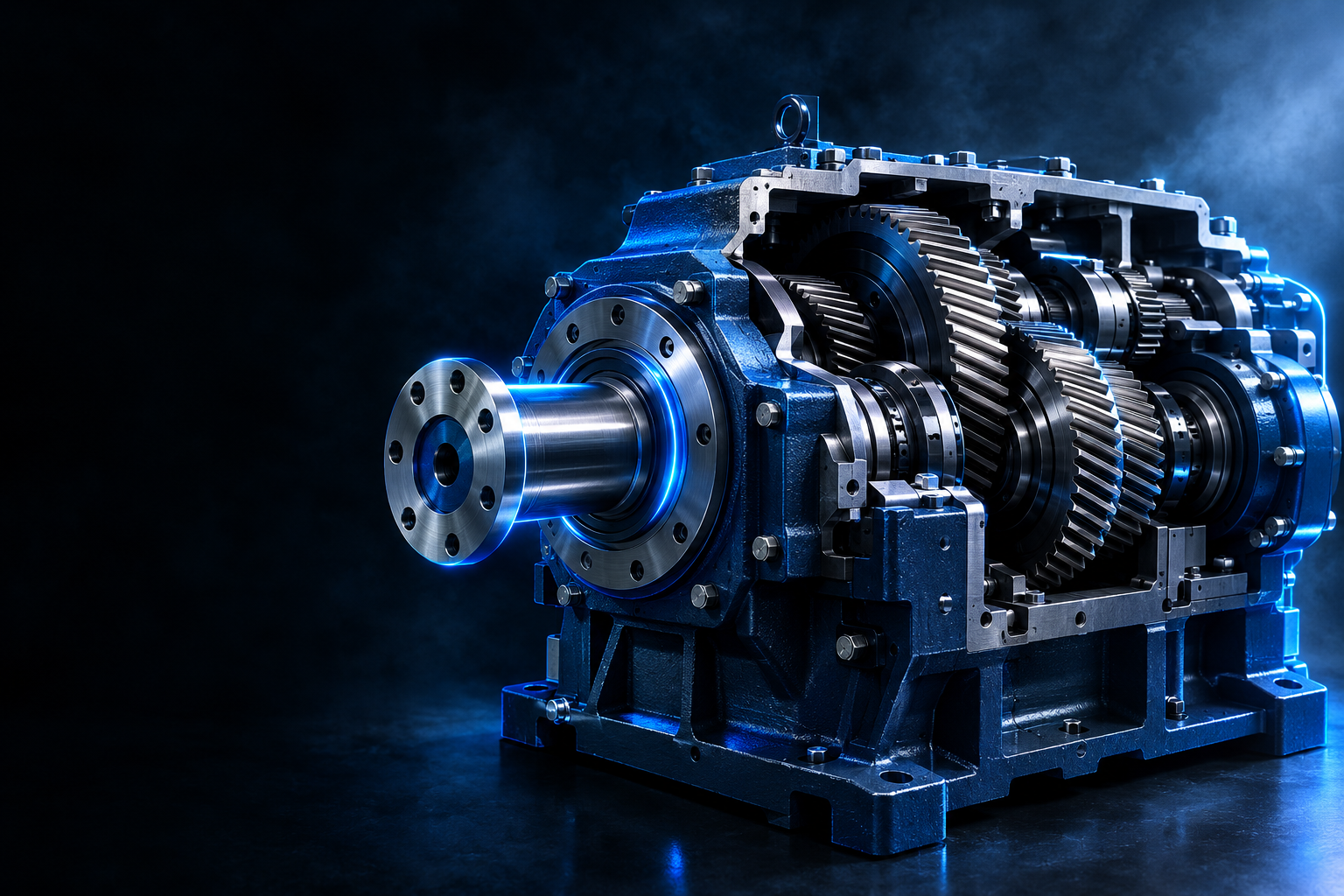 Close-up of a precision-machined mechanical gearbox assembly lit with electric-blue rim light (illustrative visual).